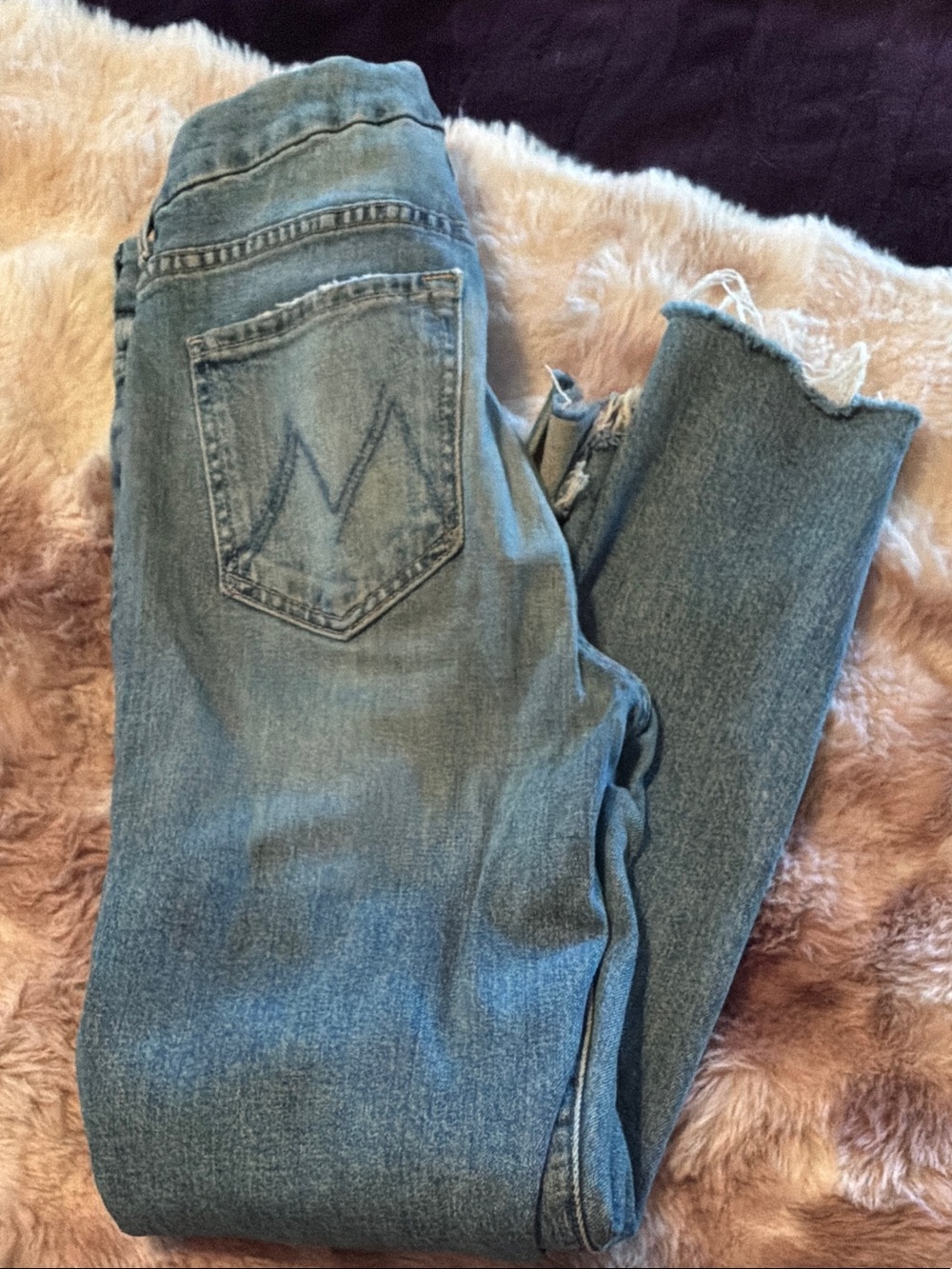MOTHER ankle jeans, frayed hem.